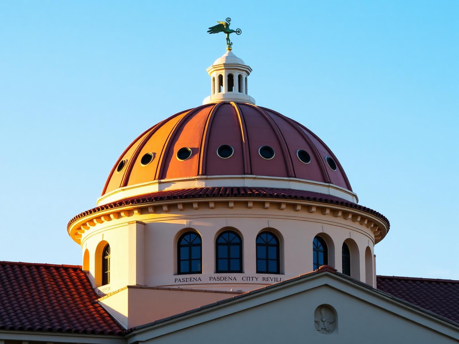 The Spanish Colonial Revival dome of Pasadena City Hall at golden hour.